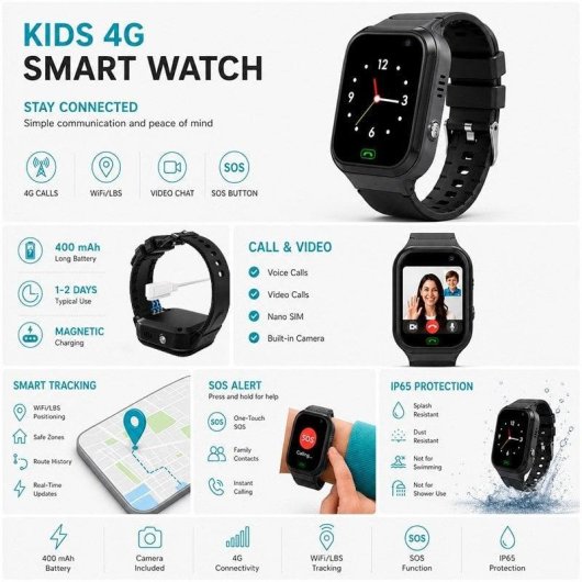 Nilait Kids Watch Safe GPS Smartwatch Infantil 4G con Videollamadas, Llamadas y Botón SOS Negro