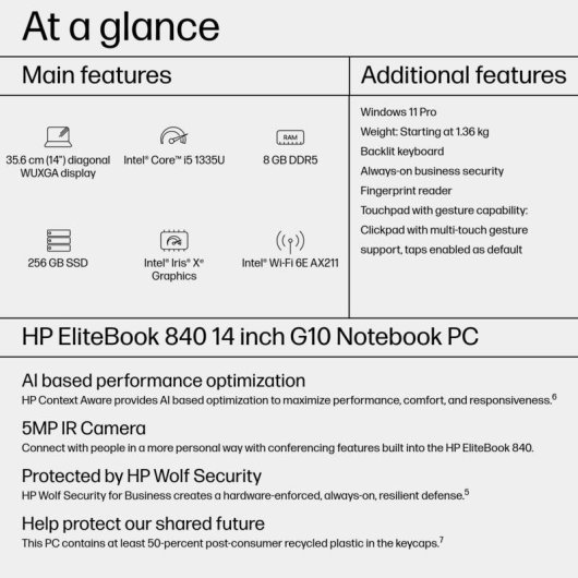 Portátil HP EliteBook 840 G10 14" Intel Core i5-1335U 8GB 256GB SSD Iris Xe Windows 11 Pro