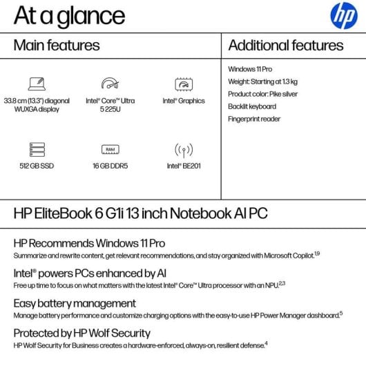 HP EliteBook 6 G1i Laptop 13,3" Intel Core Ultra 5 225U 16 GB Intel Grafik 512 GB SSD Windows 11 Pro Tastatur mit Hintergrundbeleuchtung