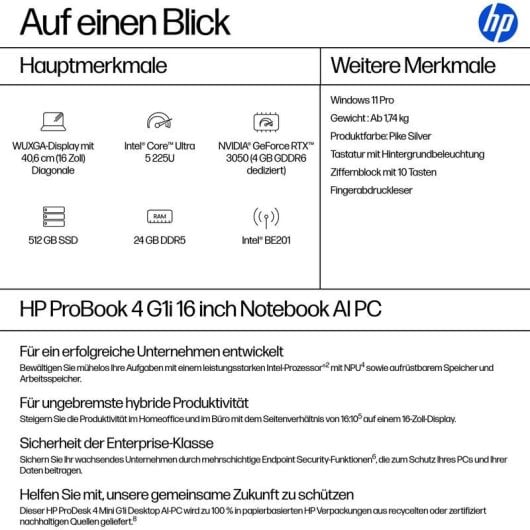 Laptop HP ProBook 4 G1i 16" Intel Core Ultra 5 24GB 512GB SSD Intel Graphics Windows 11 Pro