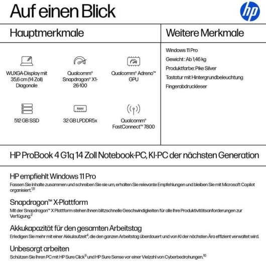 Laptop HP ProBook 4 G1q 14" Snapdragon X1-26-100 32GB 512GB SSD Adreno Windows 11 Pro
