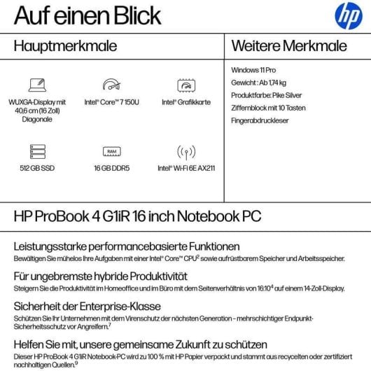 Laptop HP ProBook 4 G1iR 16" Intel Core 7 150U 16GB 512GB SSD Intel Graphics Windows 11 Pro