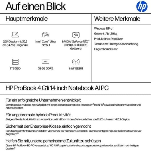 Laptop HP ProBook 4 G1i 14" Intel Core Ultra 7 32GB 1TB SSD RTX 3050 Windows 11 Pro