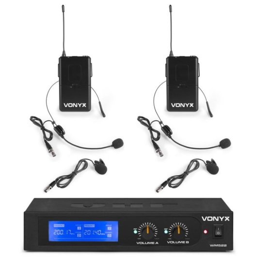 Micrófono Vonyx WM522B inalámbrico VHF diadema y solapa doble canal
