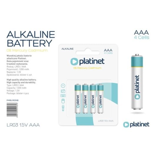 Pile Platinet PMBLR034B AAA Alcaline 1,5 V 1200 mAh Pack 4