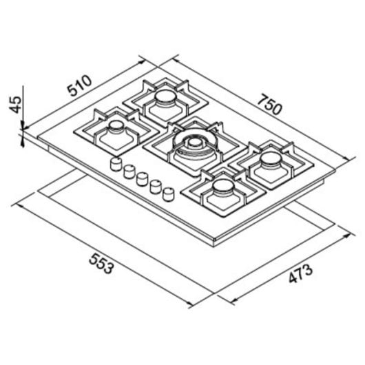 Plaque de cuisson Elleci Plano 75 TCC Titane 5 foyers gaz Metaltek intégrée