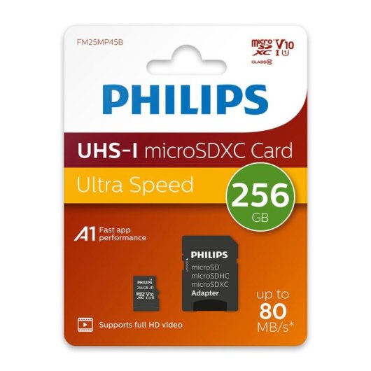 Cartão MicroSD Philips FM25MP45B/00 256GB UHS-I Classe 10 V10 com Adaptador