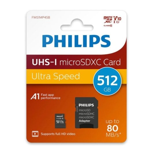 Cartão MicroSD PHILIPS FM51MP45B/00 512GB UHS-I Classe 10 Preto SD Adapter