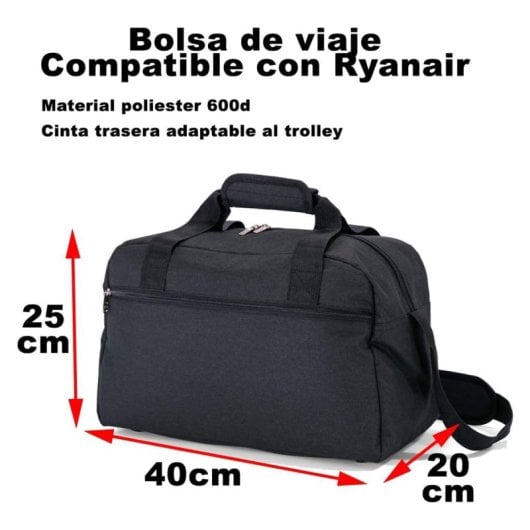 Sac de voyage Benzi Bz5528, 40 × 20 × 25 cm, 55 l, compatible Ryanair et Vueling, polyester résistant à l'eau, bandoulière réglable et poche avant, noir