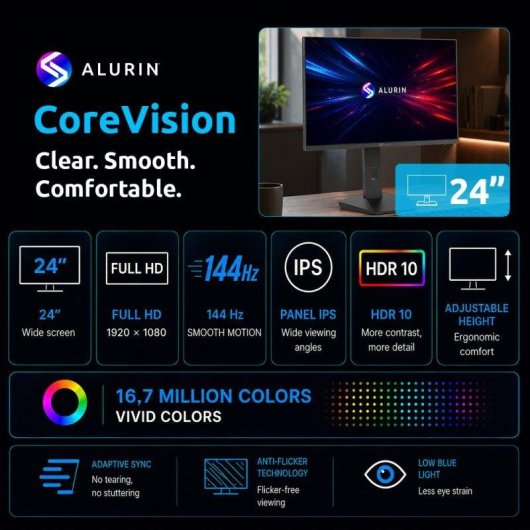 Monitor PC Alurin CoreVision 24" FullHD 144Hz IPS AdaptiveSync Altezza Regolabile