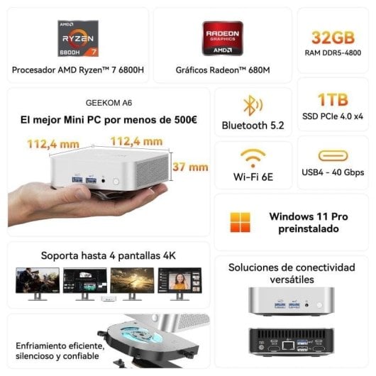 GEEKOM Mini PC A6 Ryzen 7 6800H 32GB RAM 1TB + Win11 Pro