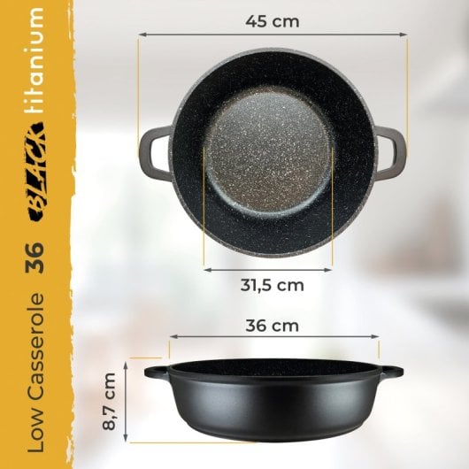Casserole basse Briebe en titane noir, compatible induction, revêtement antiadhésif en titane, 36 cm, aluminium