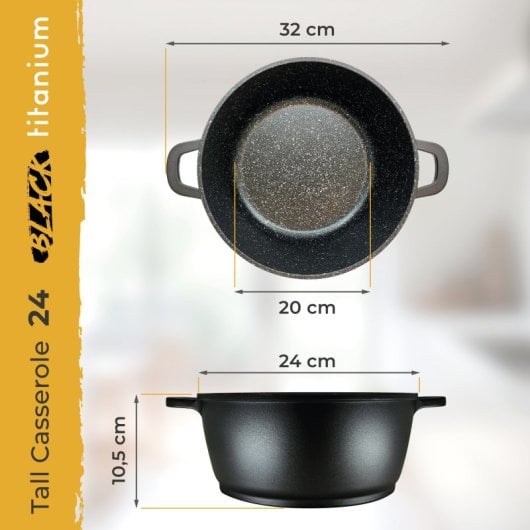 Casserole Briebe en titane noir, compatible induction, revêtement antiadhésif en titane, 24 cm, en fonte d'aluminium