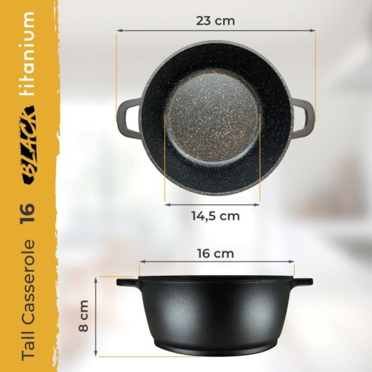 Casserole Briebe en titane noir, compatible induction, revêtement antiadhésif, 16 cm, fonte d'aluminium