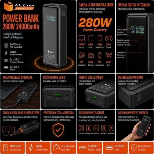 Power Bank PcCom Essential 24000 mAh 280 W Noir