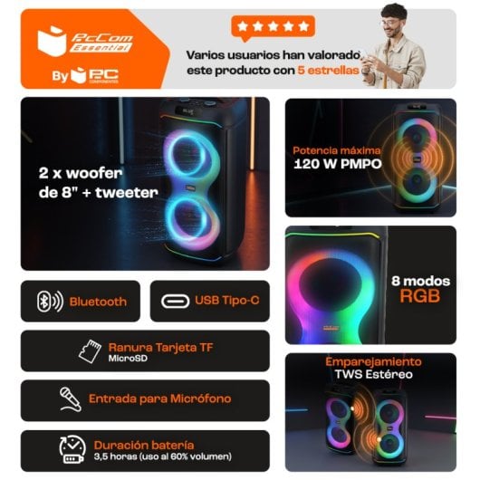 PcCom Essential TrueVibe 8 Altavoz Bluetooth Max 120 W 8" Woofer