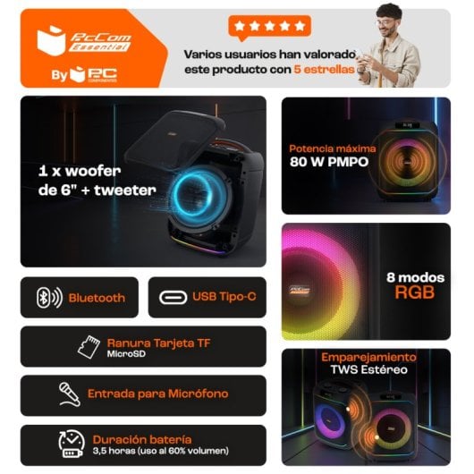 PcCom Essential TrueVibe 6 Altavoz Bluetooth Pro 80 W 6" Woofer