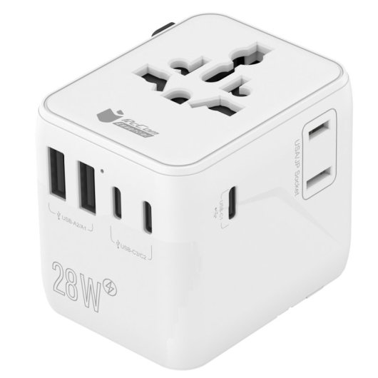 Adaptador de viagem universal PcCom Essential 28W 3x USB-C 2x USB-A Branco