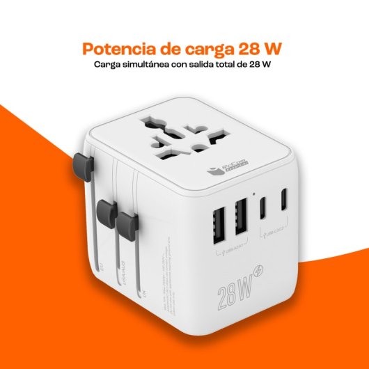 Adaptador de viagem universal PcCom Essential 28W 3x USB-C 2x USB-A Branco