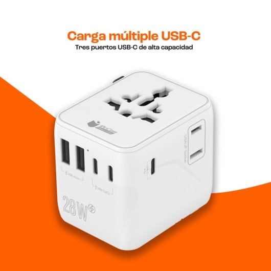 Adaptador de viagem universal PcCom Essential 28W 3x USB-C 2x USB-A Branco