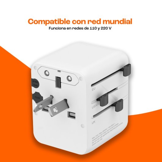 Adaptador de viagem universal PcCom Essential 28W 3x USB-C 2x USB-A Branco