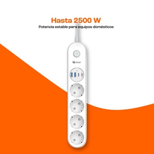 Régua de alimentação PcCom Essential com 4 tomadas + 2 portas USB-C + 2 portas USB-A (branca)