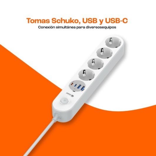 Régua de alimentação PcCom Essential com 4 tomadas + 2 portas USB-C + 2 portas USB-A (branca)