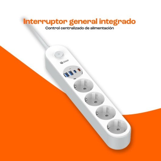 Régua de alimentação PcCom Essential com 4 tomadas + 2 portas USB-C + 2 portas USB-A (branca)