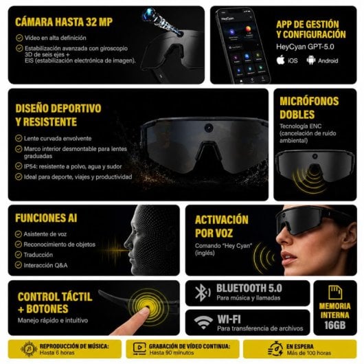 Owlotech Vision Sport AI Gafas Deportivas 32MP Llamadas, Música, Captura Imágenes y Vídeo, Traducción Negro