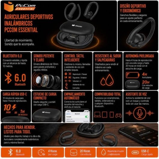 Auricolari PcCom Essential Energy Boost Wireless Bluetooth 6.0 Sportivi Nero