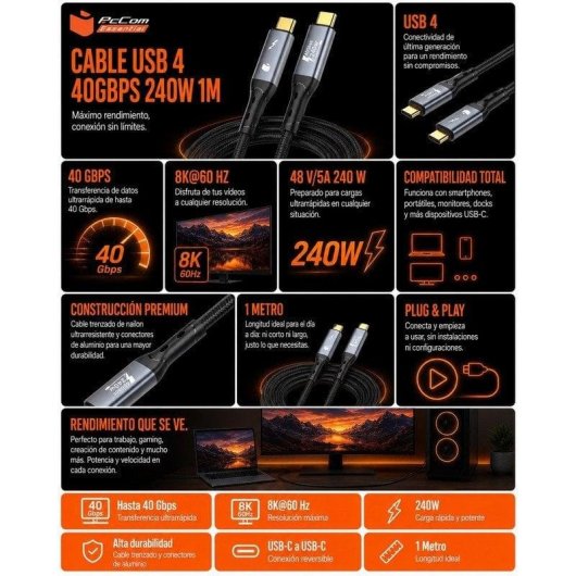 Cabo USB-C para USB-C PcCom Essential PD 3.1 240W USB4 Thunderbolt 8K 1m