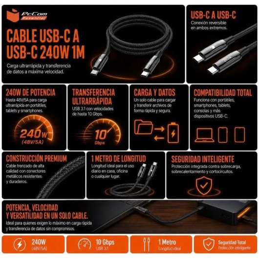 Câble USB-C à USB-C PcCom Essential PD 3.1 240W 1m