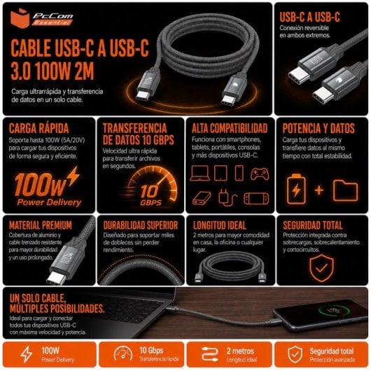 PcCom Essential Cable USB-C a USB-C 100W High Power E-marker Chip 2m