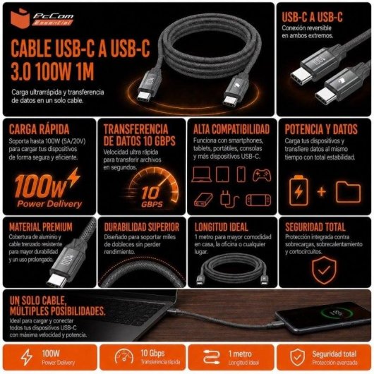 Cabo USB-C para USB-C 100W High Power E-marker Chip 1m PcCom Essential