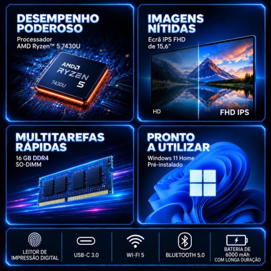 Laptop Alurin Flex Advance 15.6" AMD Ryzen 5 7430U 16GB 512GB SSD Radeon Windows 11