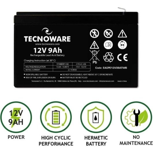 Bateria Tecnoware 12V 9Ah Chumbo-Ácido Selada Faston 6.3mm para UPS e Alarmes