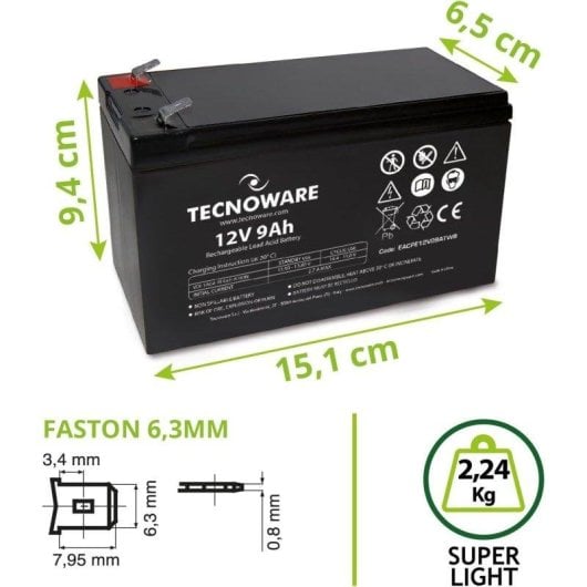 Bateria Tecnoware 12V 9Ah Chumbo-Ácido Selada Faston 6.3mm para UPS e Alarmes