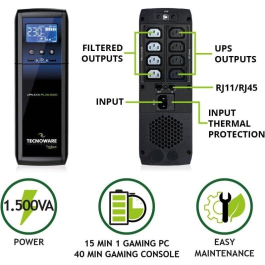 Sai Tecnoware 1500VA Bateria de Chumbo-Ácido 20 Minutos AVR Plus 8 Saídas USB