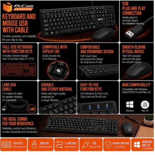 Clavier PcCom Essential MK20 AZERTY avec touche Copilot et souris optique noire