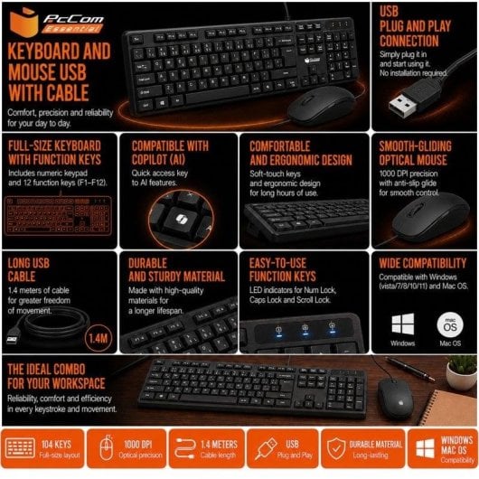 Teclado PcCom Essential MK20 com tecla Copilot Português Preto