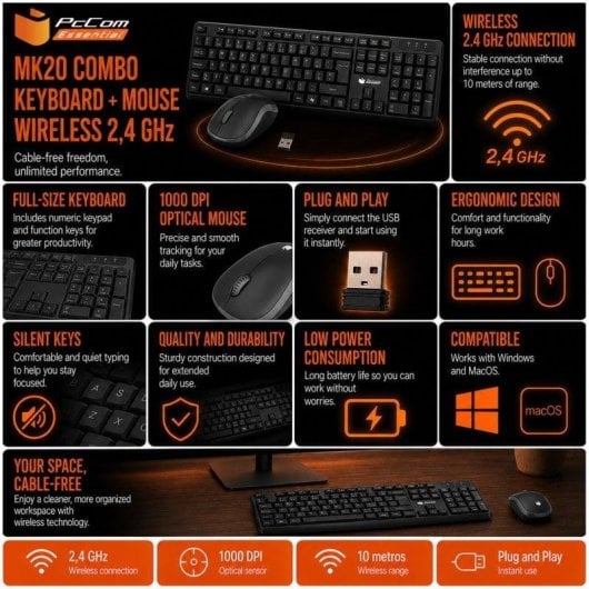 Teclado PcCom Essential MK20 Wireless com tecla Copilot português preto