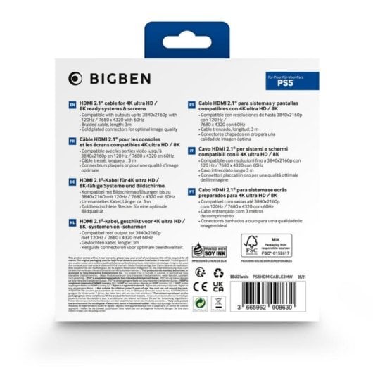 Cable HDMI NACON PS5HDMICABLE3MW 3 m Blanco HDMI 2.1 3D Chapado Oro