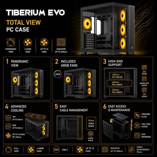 Torre ATX Forgeon Tiberium EVO ARGB Vidro Temperado Preto 4 Ventoinhas