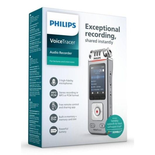 Dictáfono Philips DVT4115 8GB 3 Micrófonos Estéreo Control Remoto App