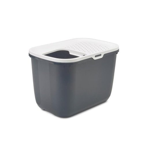 Bandeja higiénica Savic Hop In para gatos entrada superior gris y blanca