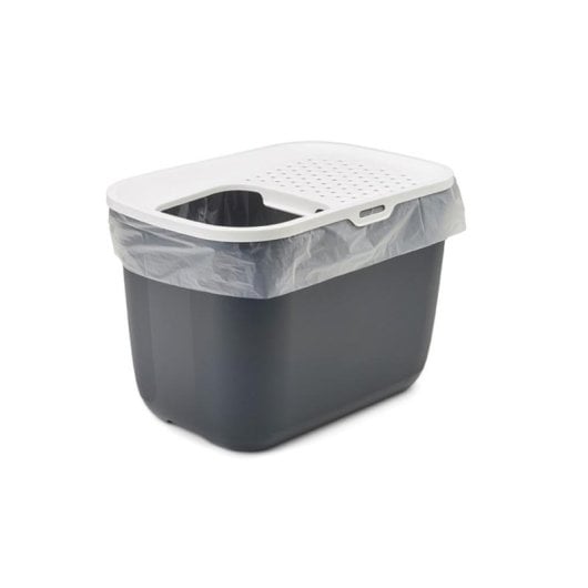 Bandeja higiénica Savic Hop In para gatos entrada superior gris y blanca