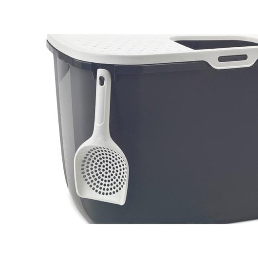 Bandeja higiénica Savic Hop In para gatos entrada superior gris y blanca