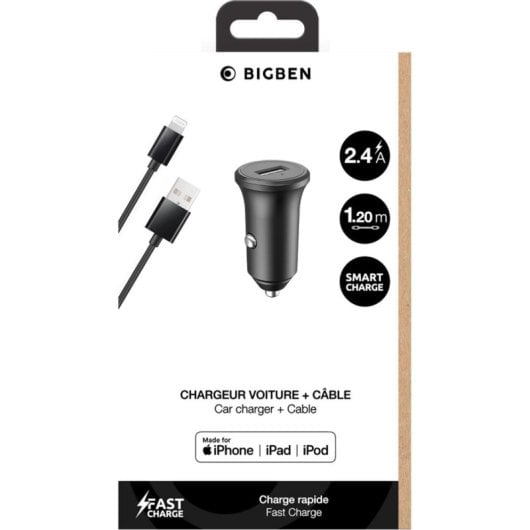 Cargador de coche BIGBEN CAC24AACBLMFIRB Lightning 2,4A 1,2m Negro