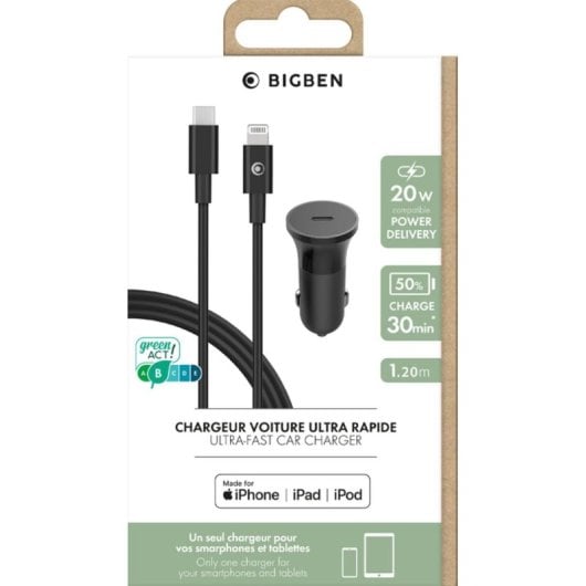 Cargador de coche BIGBEN CACCBLMFIC20WPDB USB-C 20W cable 1,2 m negro