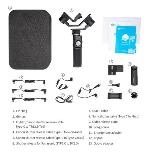 Estabilizador Feiyu G6 Max 3 Eixos Bluetooth Preto 1.2kg Bateria 2200mAh